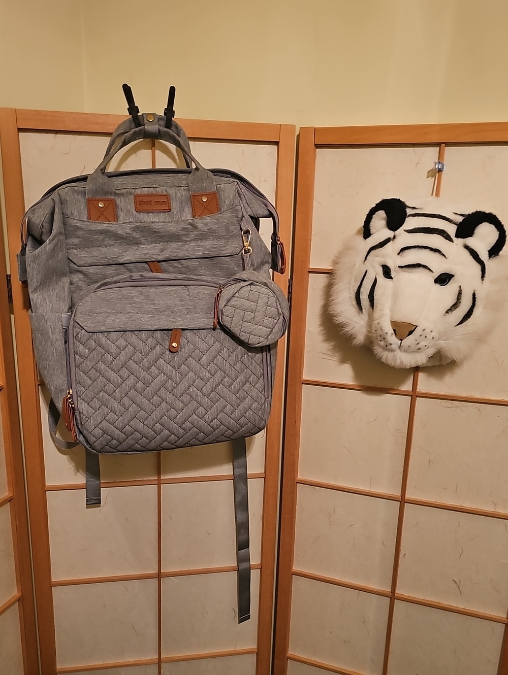 Grey Quilted Kids Backpack Diaper Bag with Round Pouch
